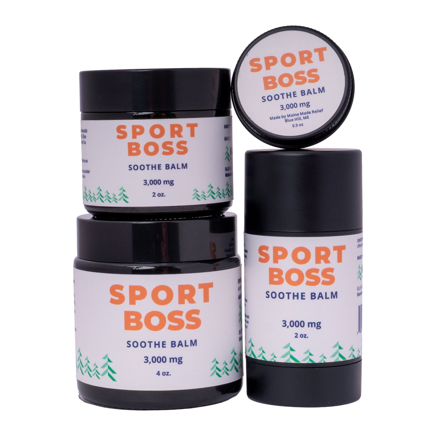 Sport Boss soothe balm jars on a white background