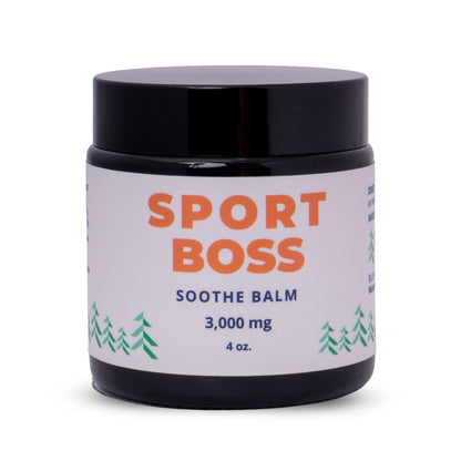 Jar of 'Sport Boss' soothe balm with a black lid on a white background