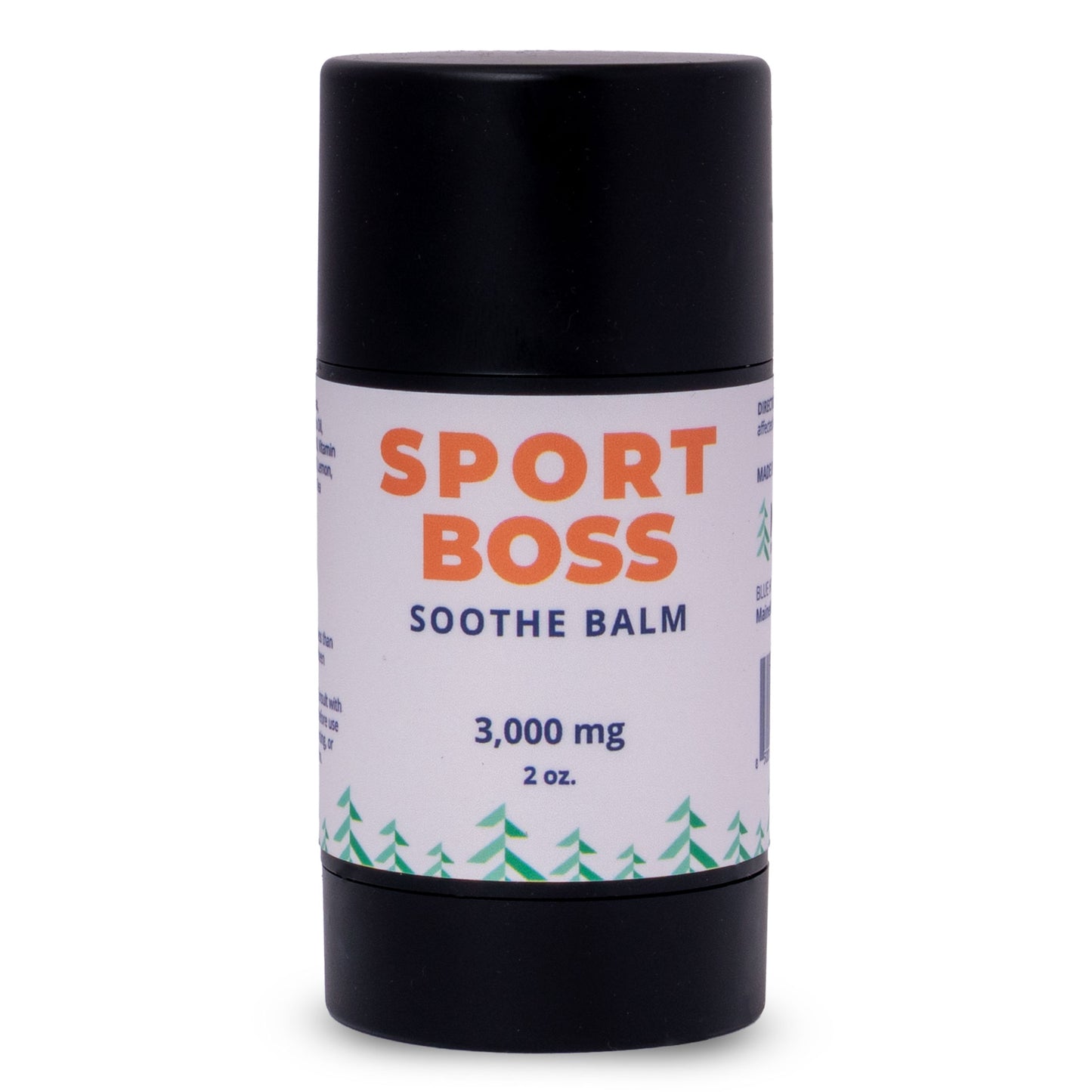 Balm container labeled 'Sport Boss Soothe Balm' with black lid and white label on a white background