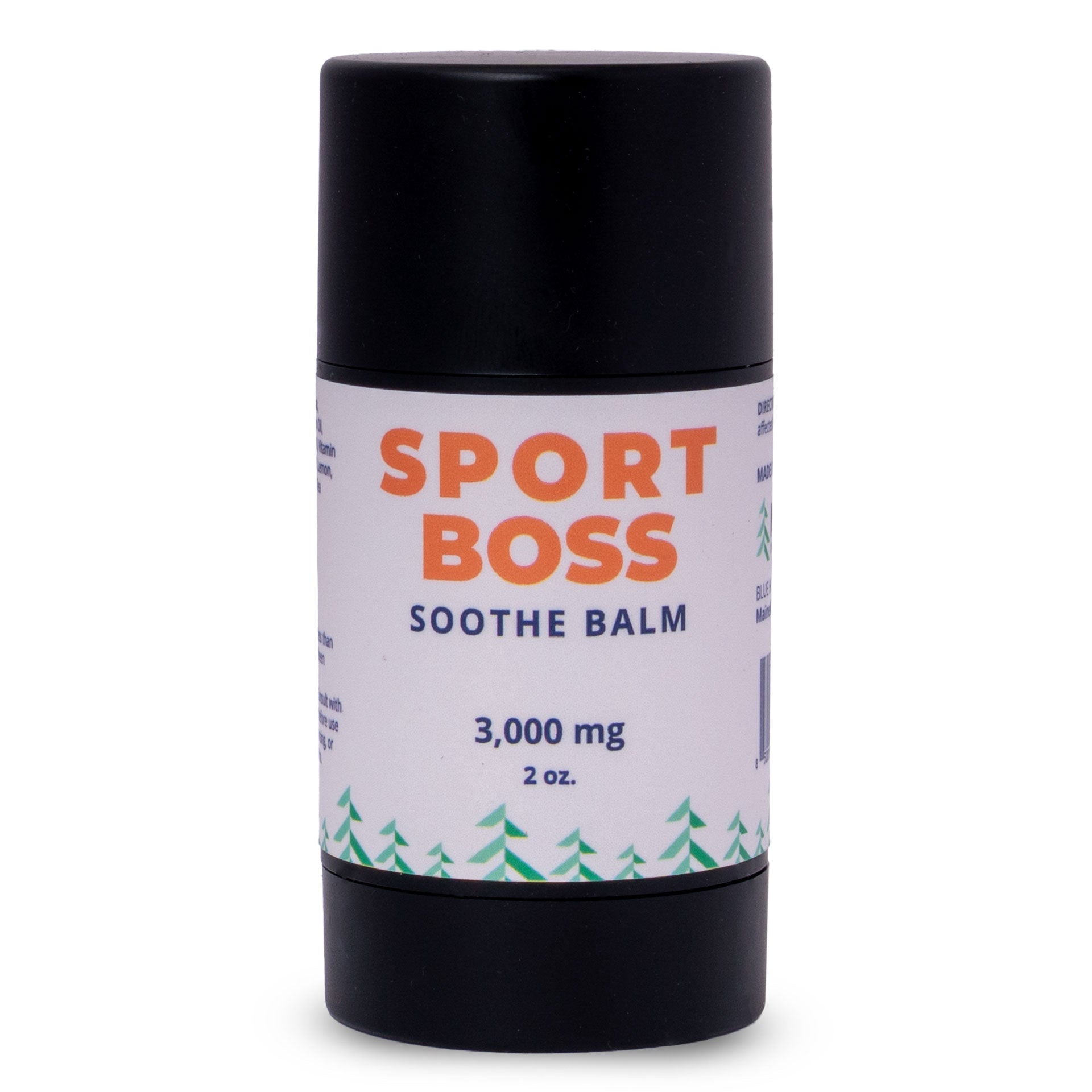 Balm container labeled 'Sport Boss Soothe Balm' with black lid and white label on a white background