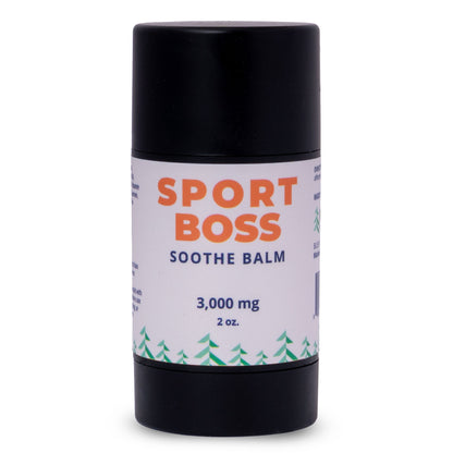 Balm container labeled 'Sport Boss Soothe Balm' with black lid and white label on a white background